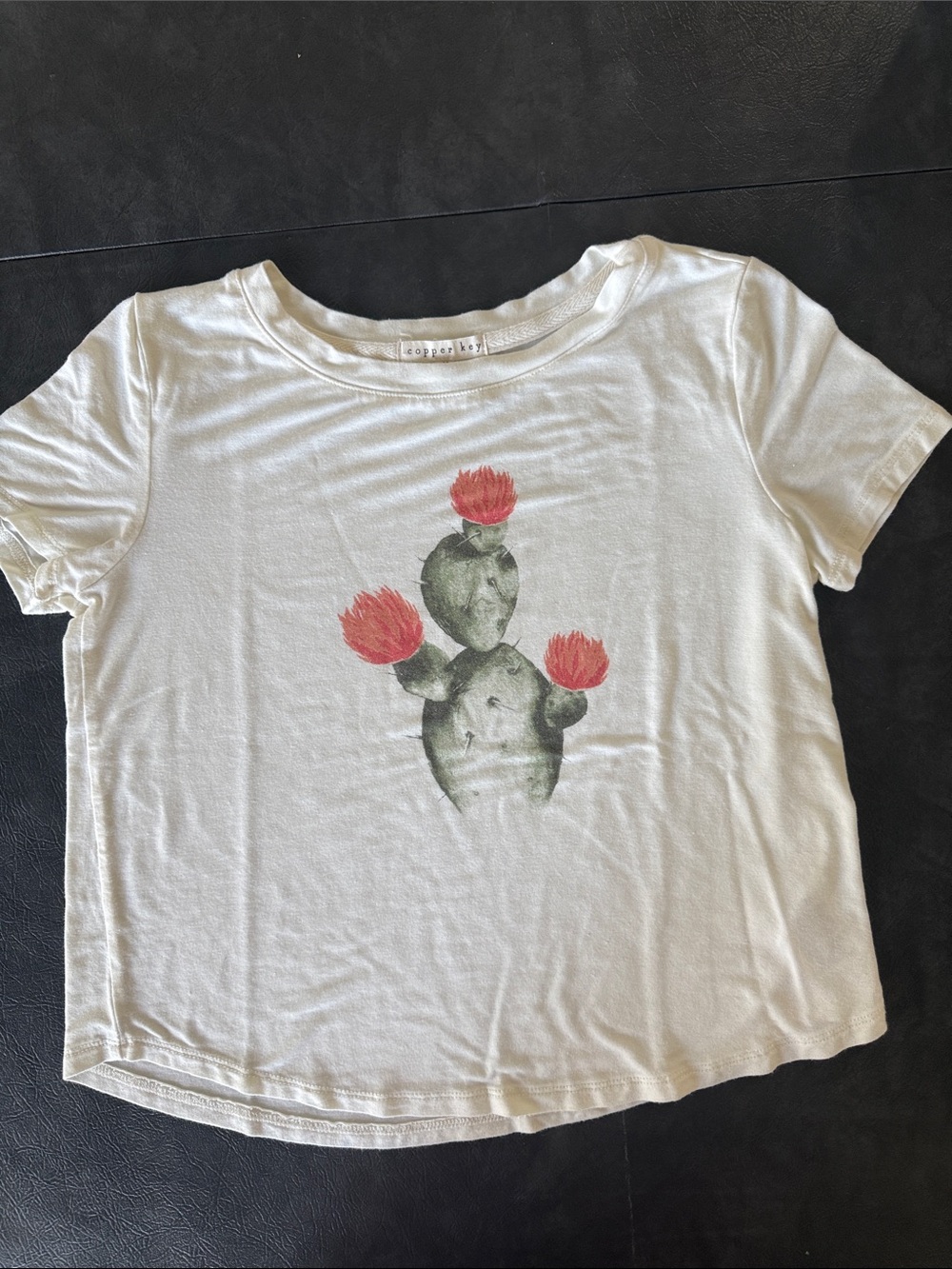 Copper Key White Tee Girls M - Coral Red and Sage Green Flowering Cactus Motif